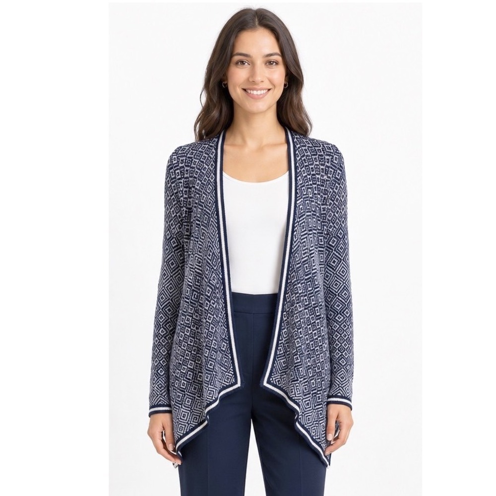 Ann Taylor LOFT Cardigan Sweater Navy White Geo Diamond Open Front S Chic 114-30